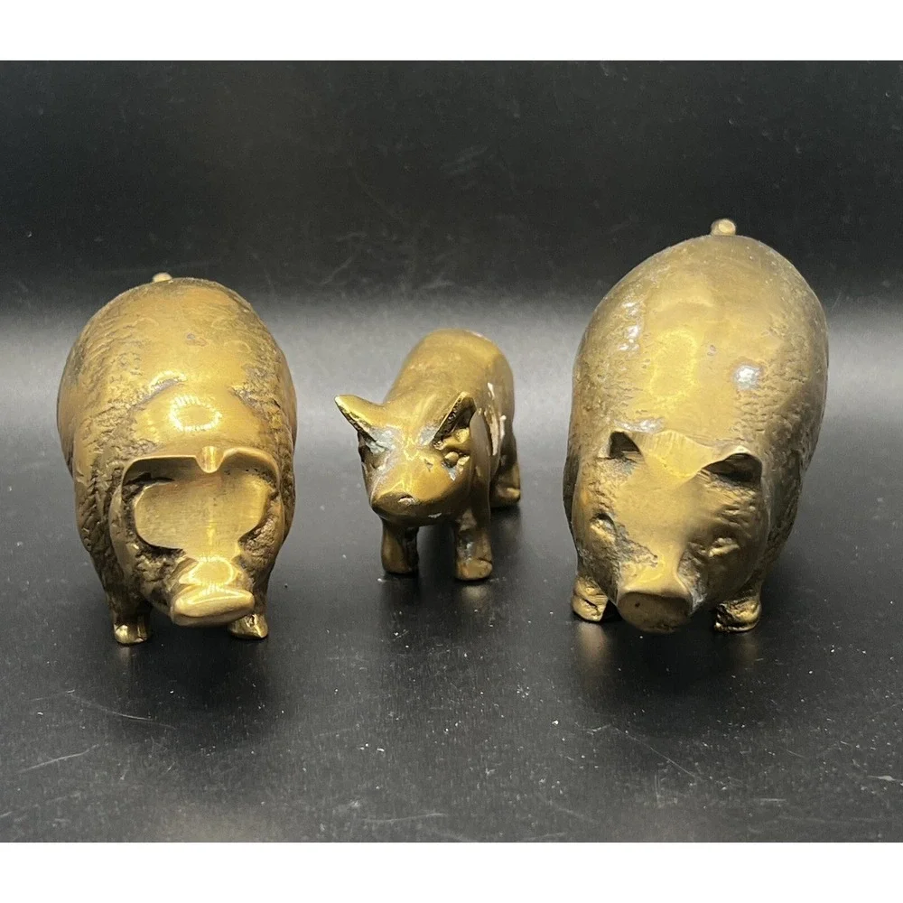 3 Vintage Solid Brass Pig Family Figures Ornaments Three Little Pigs Retro Heavy